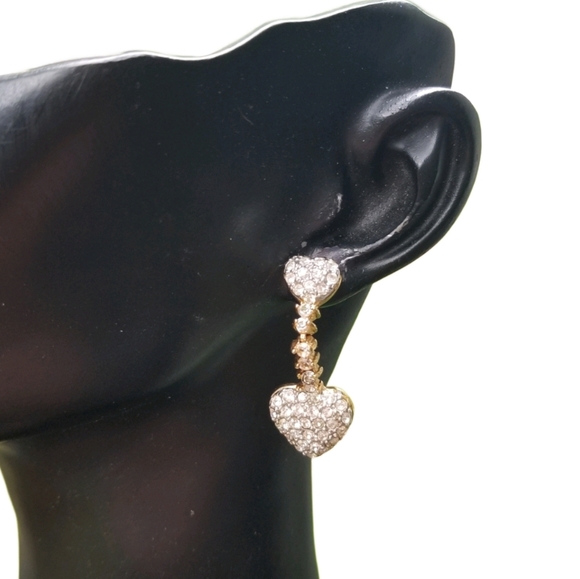VINTAGE GOLDTONE & PAVE CRYSTAL HEART DROP STYLE EARRINGS - Picture 1 of 6